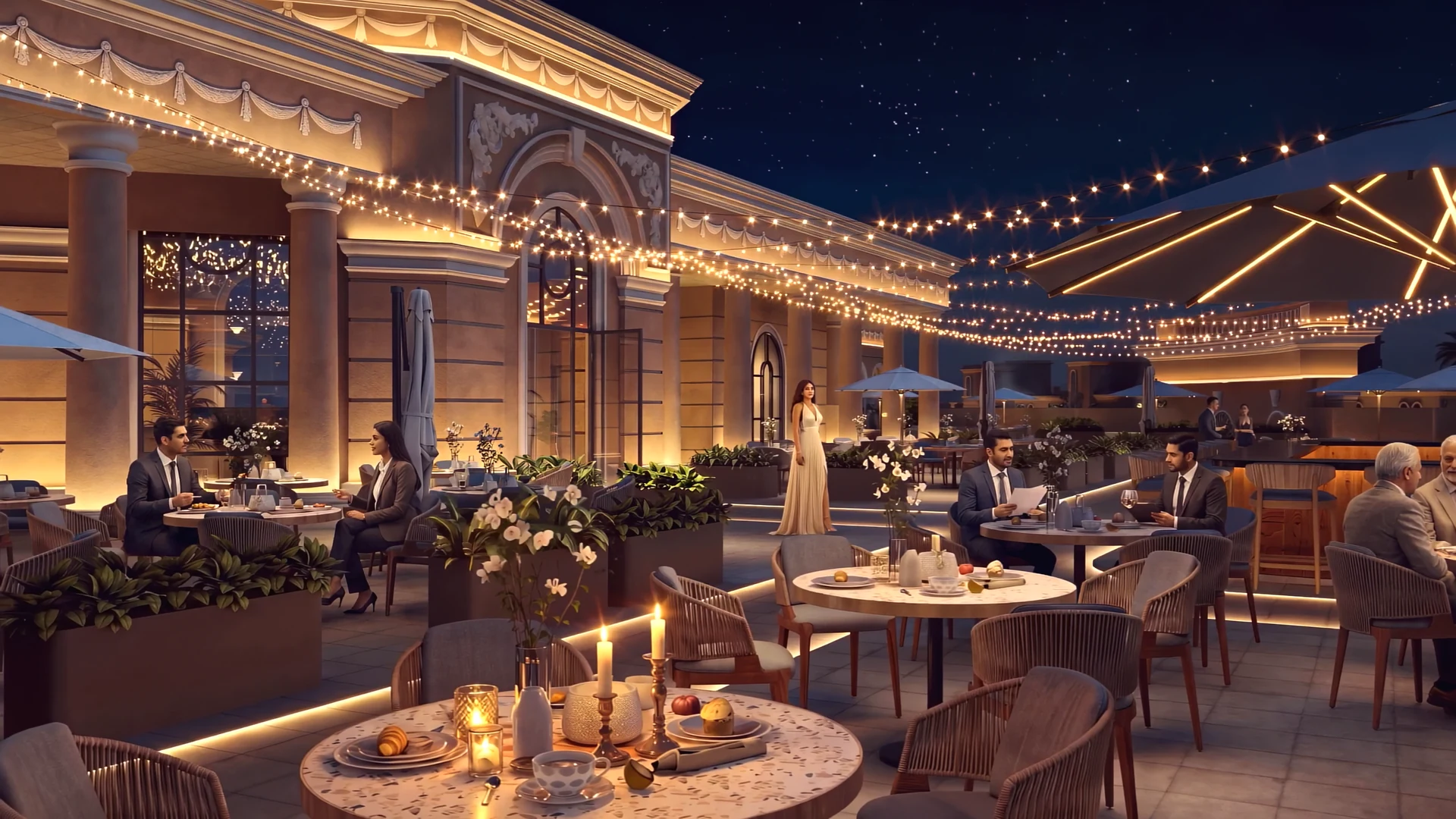 Conceptual AI character in an evening hospitality setting.