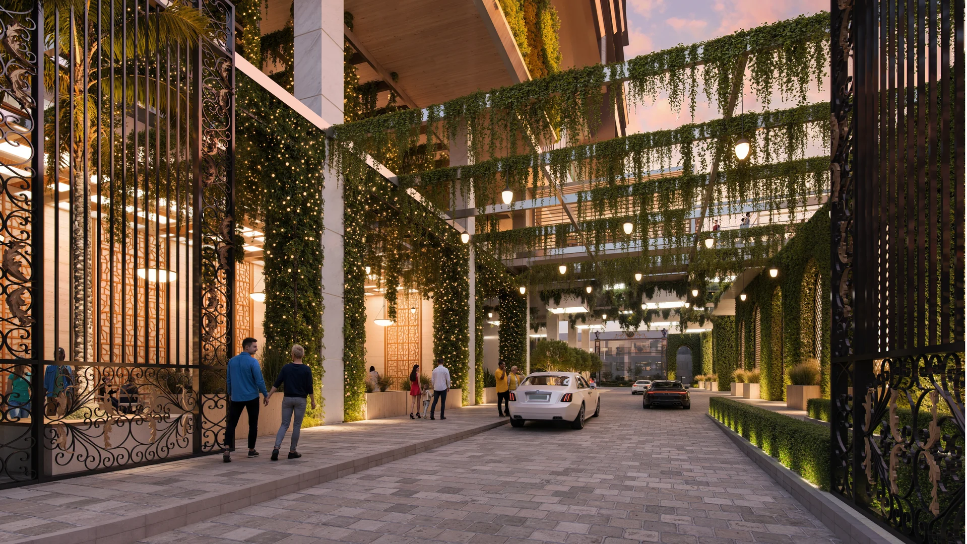 Supplied visual reference of a landscaped architectural arrival sequence at dusk.